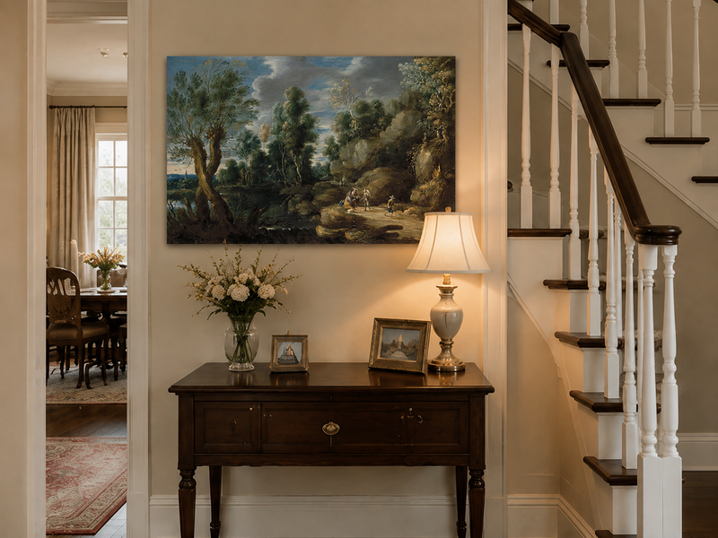 Landscape Oil Painting - Woodland Lake Path with Travelers