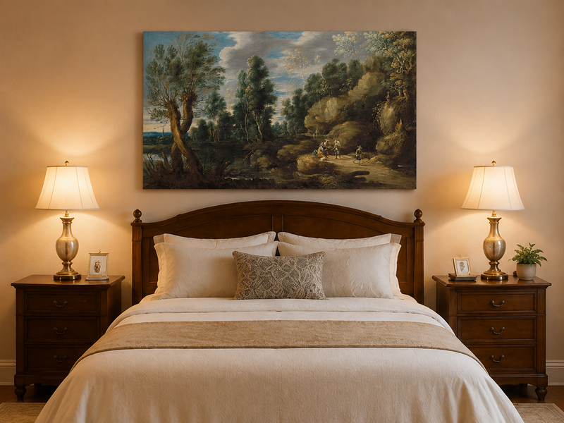Landscape Oil Painting - Woodland Lake Path with Travelers