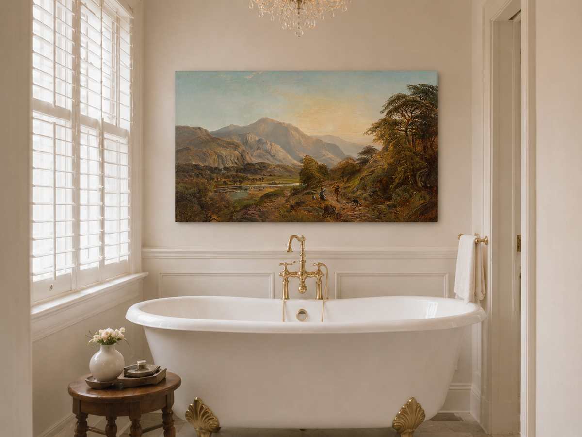 Peinture à l'huile de paysage - Gouffre rocheux spectaculaire avec personnages