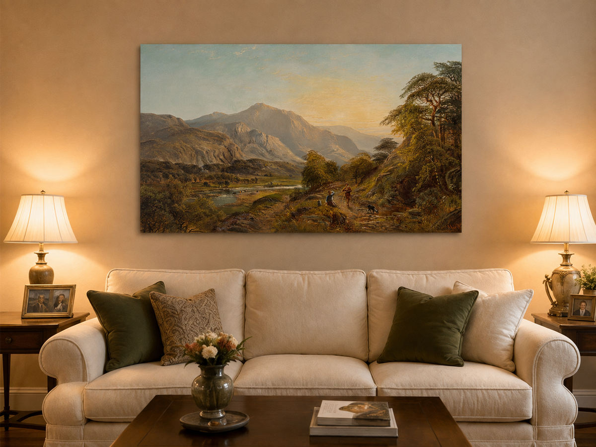 Peinture à l'huile de paysage - Gouffre rocheux spectaculaire avec personnages