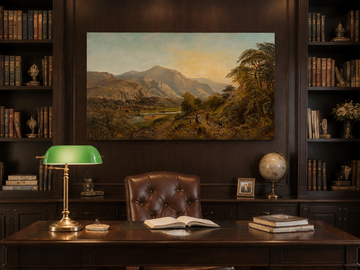 Peinture à l'huile de paysage - Gouffre rocheux spectaculaire avec personnages
