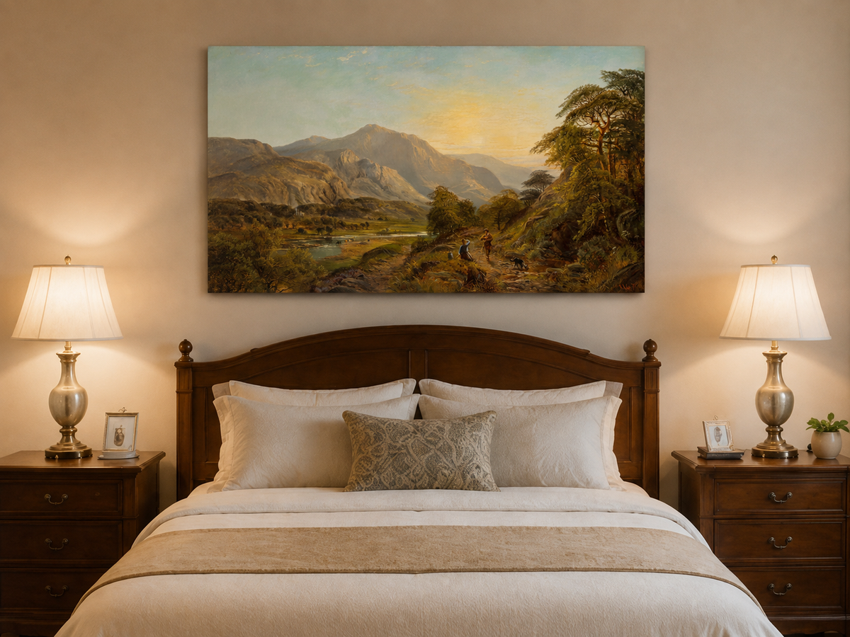 Peinture à l'huile de paysage - Gouffre rocheux spectaculaire avec personnages