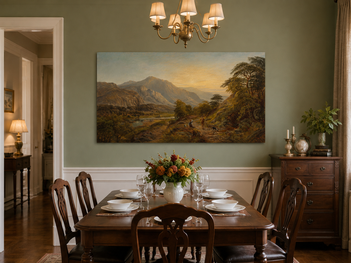 Peinture à l'huile de paysage - Gouffre rocheux spectaculaire avec personnages
