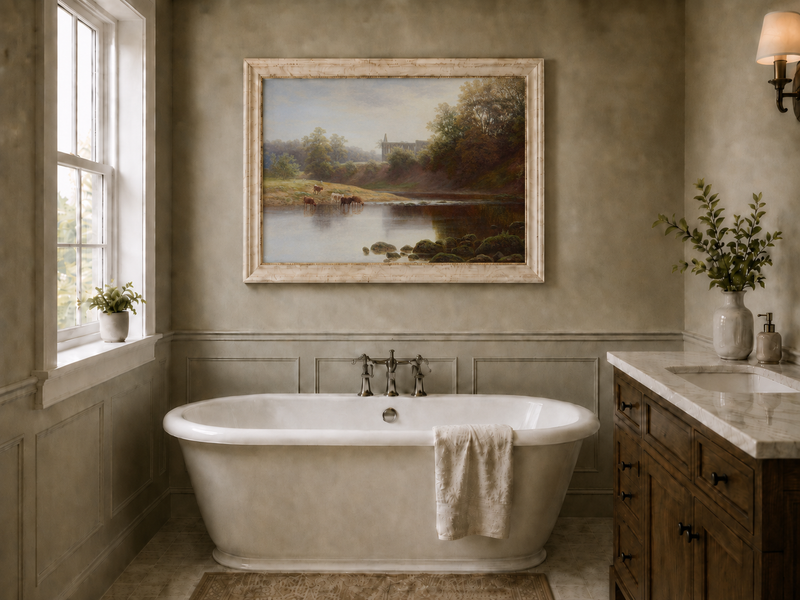 Peinture à l'huile de paysage - Pâturage au bord de la rivière avec du bétail