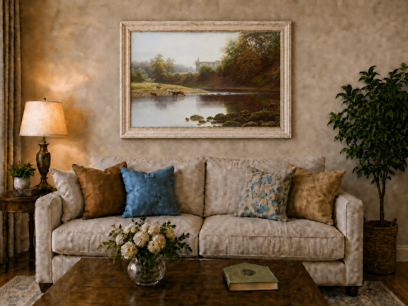 Peinture à l'huile de paysage - Pâturage au bord de la rivière avec du bétail