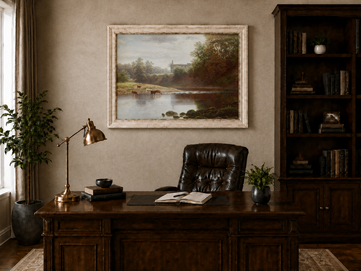 Peinture à l'huile de paysage - Pâturage au bord de la rivière avec du bétail