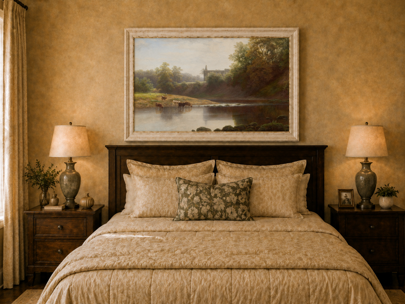 Peinture à l'huile de paysage - Pâturage au bord de la rivière avec du bétail
