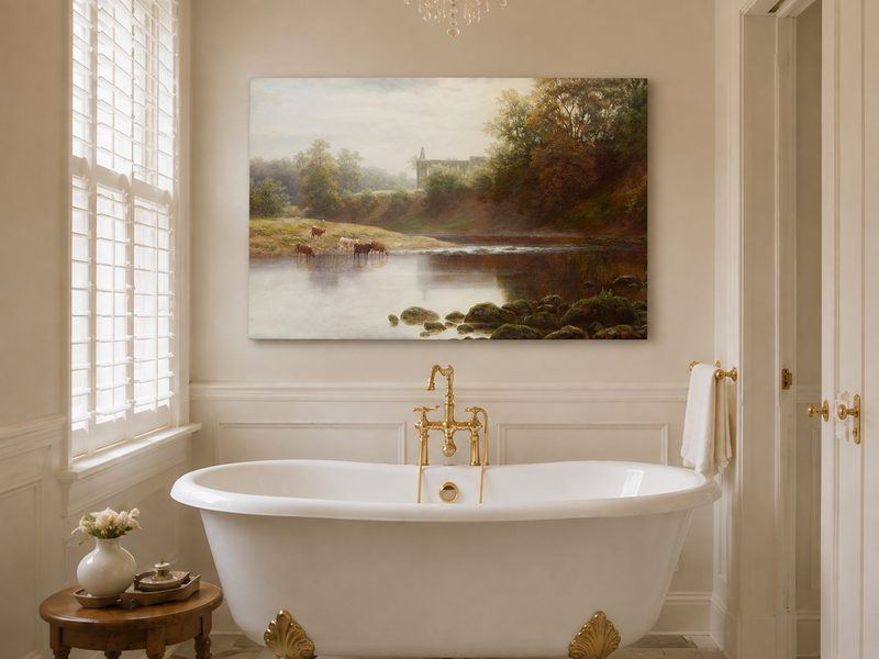 Peinture à l'huile de paysage - Pâturage au bord de la rivière avec du bétail