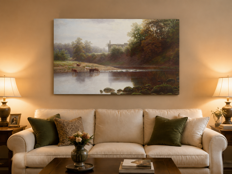 Peinture à l'huile de paysage - Pâturage au bord de la rivière avec du bétail