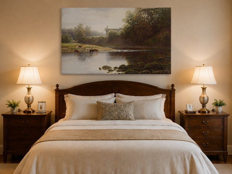 Peinture à l'huile de paysage - Pâturage au bord de la rivière avec du bétail