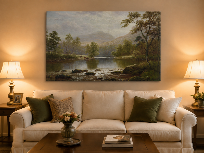 Peinture à l'huile de paysage - Lac de montagne estival et eaux calmes