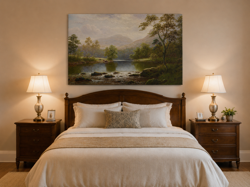 Peinture à l'huile de paysage - Lac de montagne estival et eaux calmes