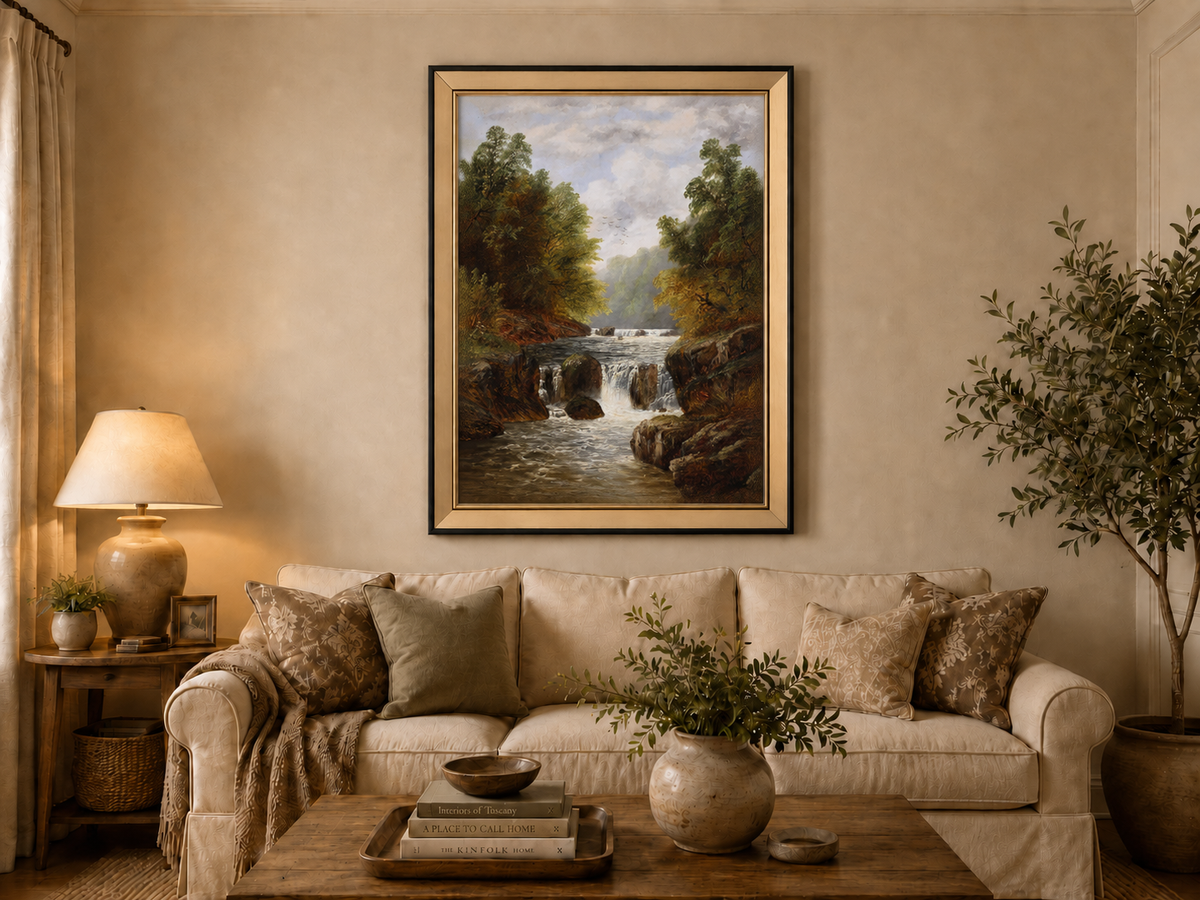 Ölgemälde Landschaft - Herbstliche Flussschlucht & Wasserfälle