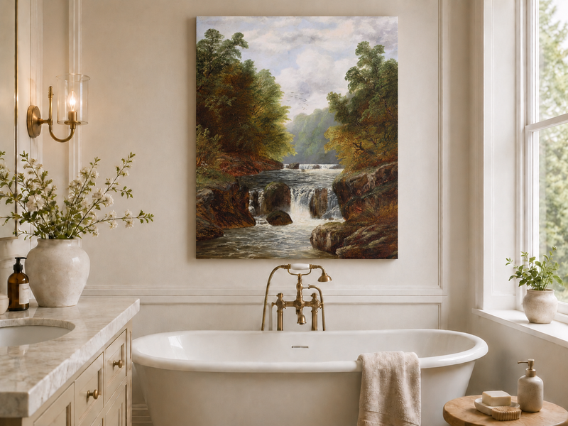 Ölgemälde Landschaft - Herbstliche Flussschlucht & Wasserfälle