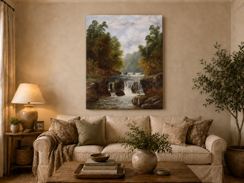 Ölgemälde Landschaft - Herbstliche Flussschlucht & Wasserfälle