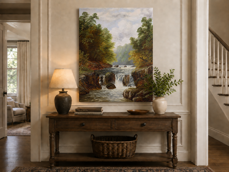 Ölgemälde Landschaft - Herbstliche Flussschlucht & Wasserfälle
