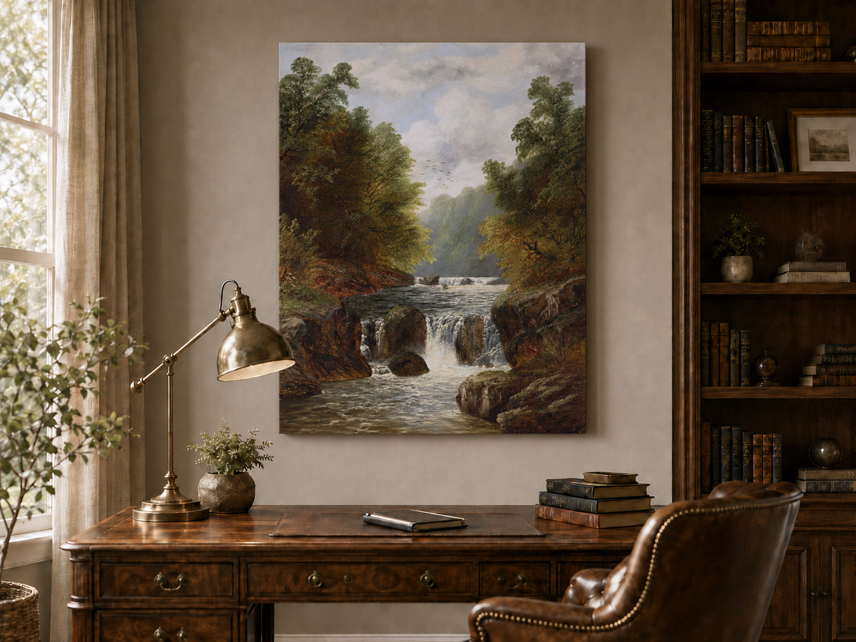 Ölgemälde Landschaft - Herbstliche Flussschlucht & Wasserfälle