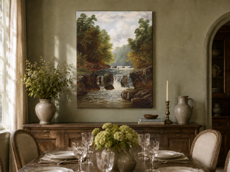 Ölgemälde Landschaft - Herbstliche Flussschlucht & Wasserfälle