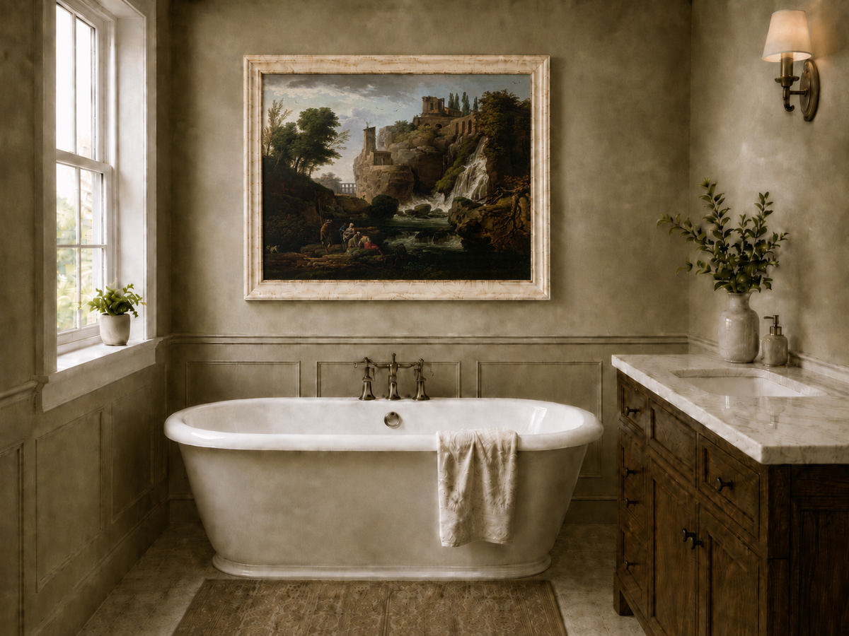 Landscape Oil Painting - Ruins and Waterfall with Figures