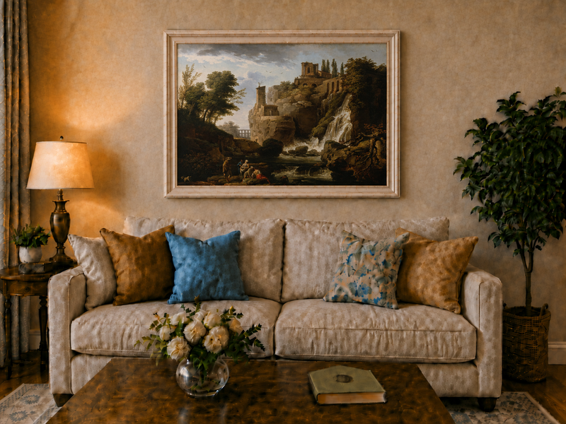 Landscape Oil Painting - Ruins and Waterfall with Figures