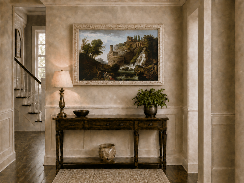 Landscape Oil Painting - Ruins and Waterfall with Figures