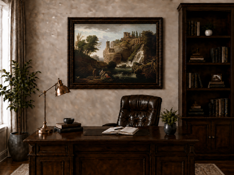 Landscape Oil Painting - Ruins and Waterfall with Figures