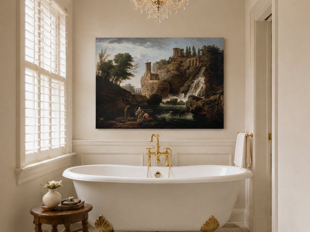 Landscape Oil Painting - Ruins and Waterfall with Figures