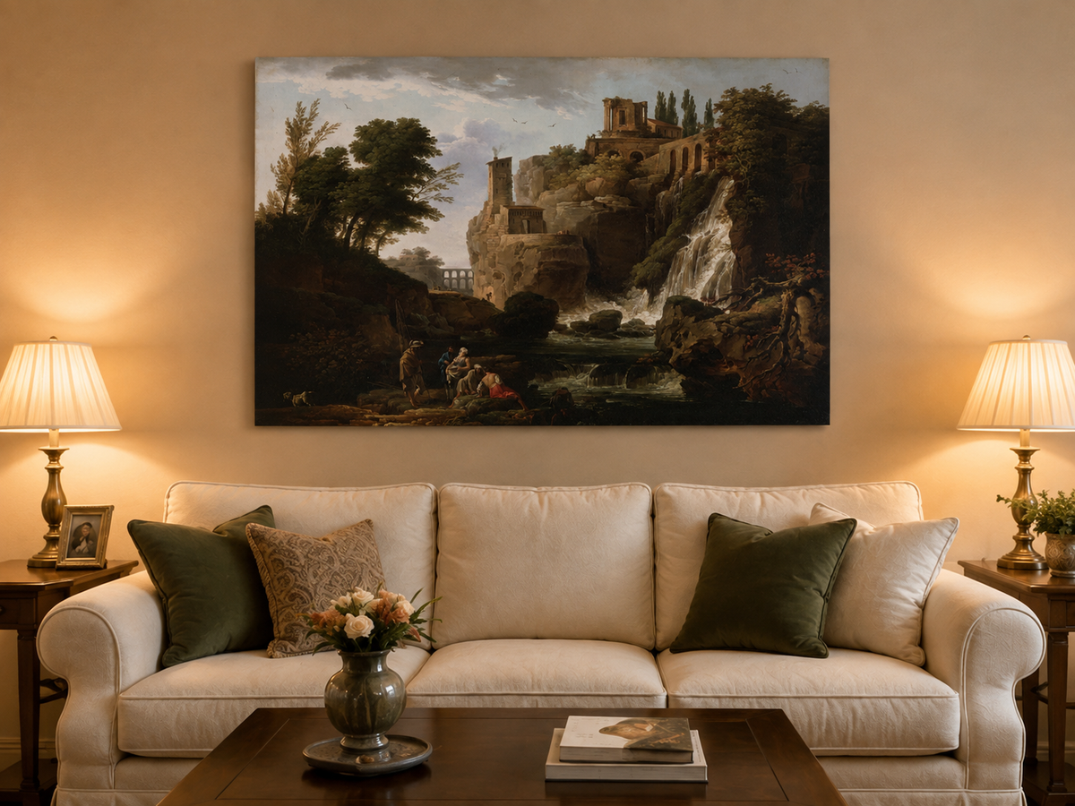 Landscape Oil Painting - Ruins and Waterfall with Figures