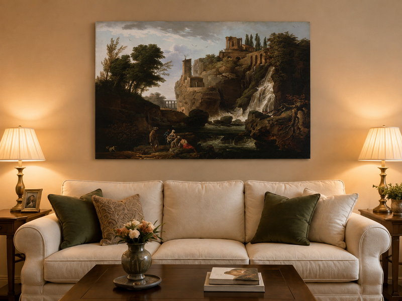 Landscape Oil Painting - Ruins and Waterfall with Figures