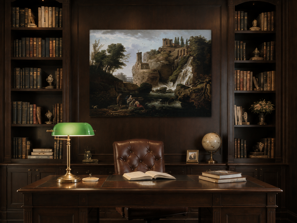 Landscape Oil Painting - Ruins and Waterfall with Figures