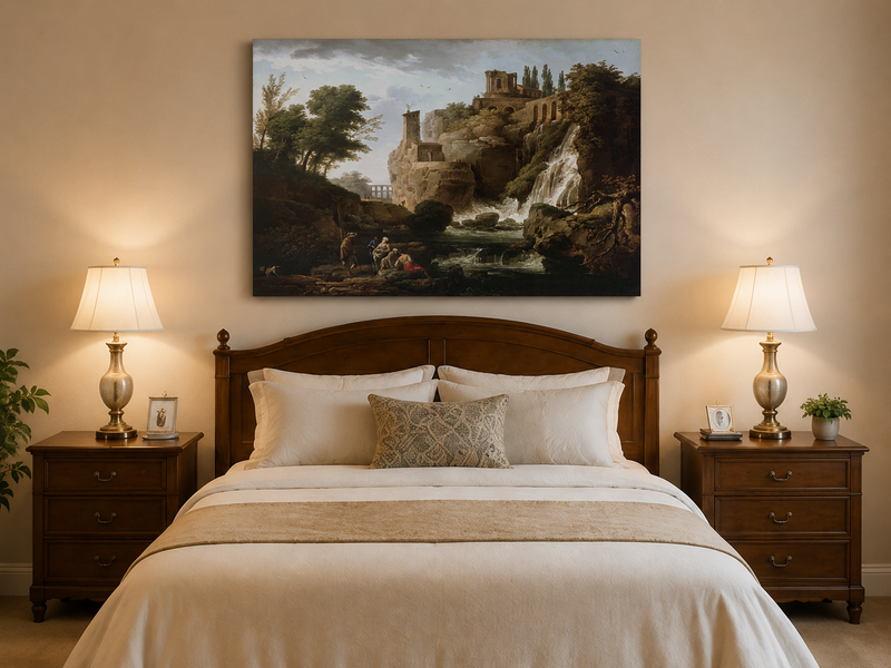 Landscape Oil Painting - Ruins and Waterfall with Figures