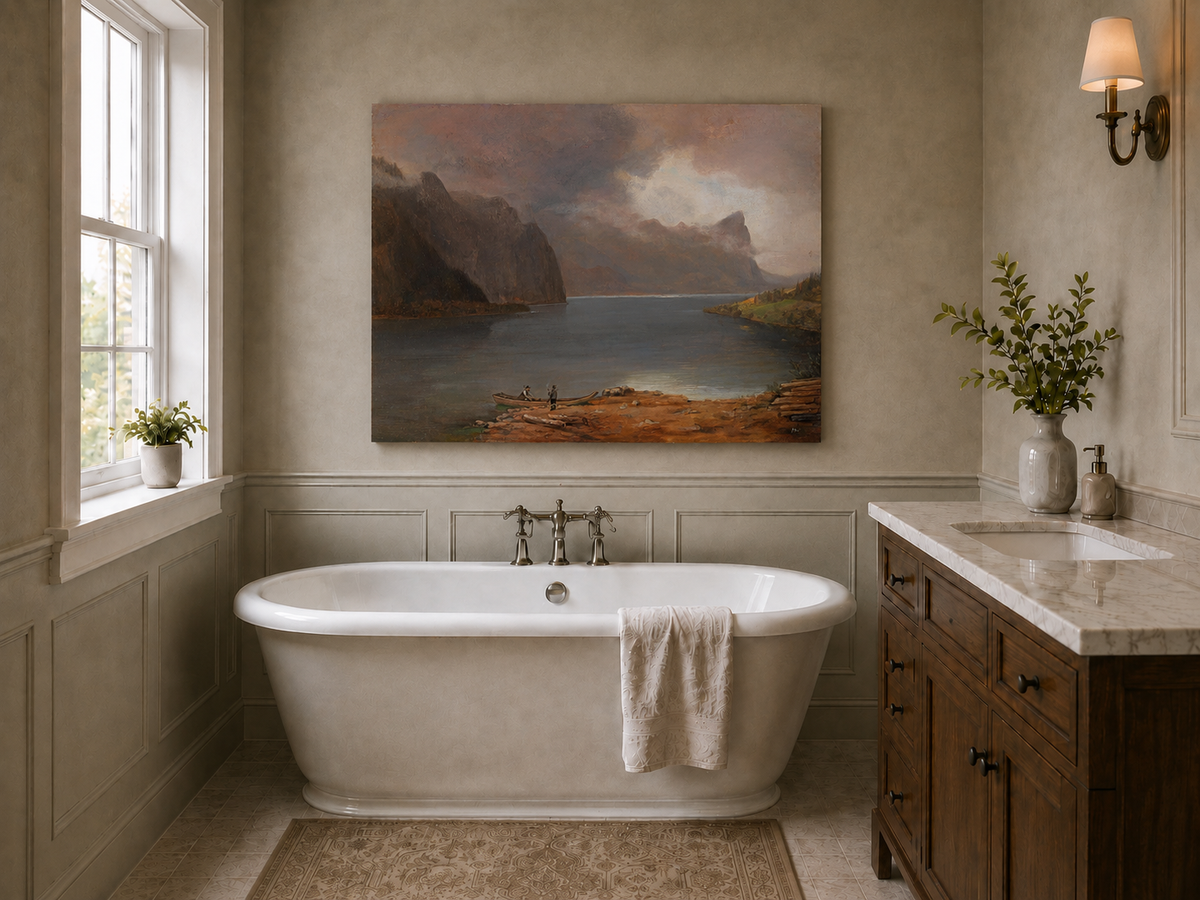 Landscape Oil Painting - Mountain Lake Steep Cliffs Boat