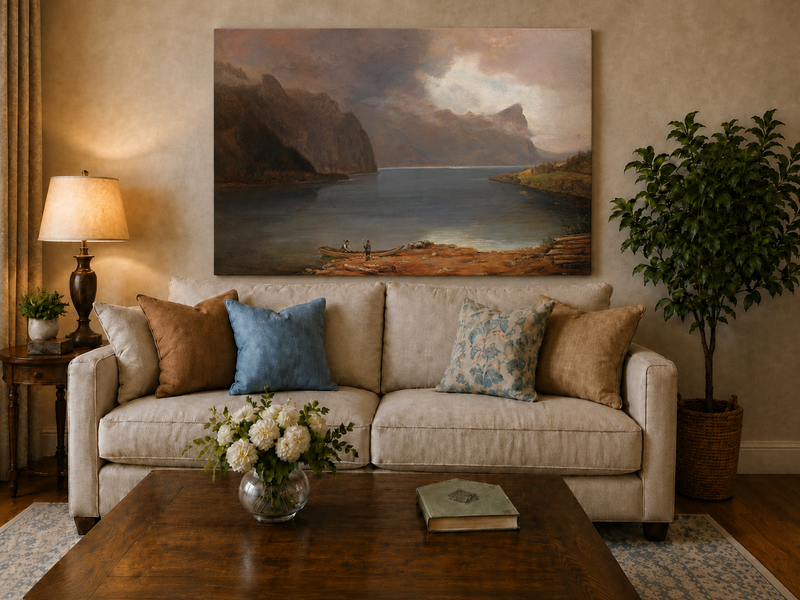 Landscape Oil Painting - Mountain Lake Steep Cliffs Boat