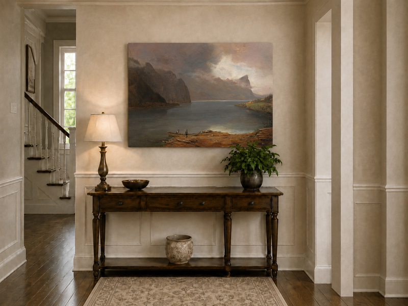 Landscape Oil Painting - Mountain Lake Steep Cliffs Boat