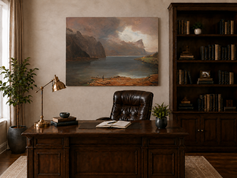 Landscape Oil Painting - Mountain Lake Steep Cliffs Boat