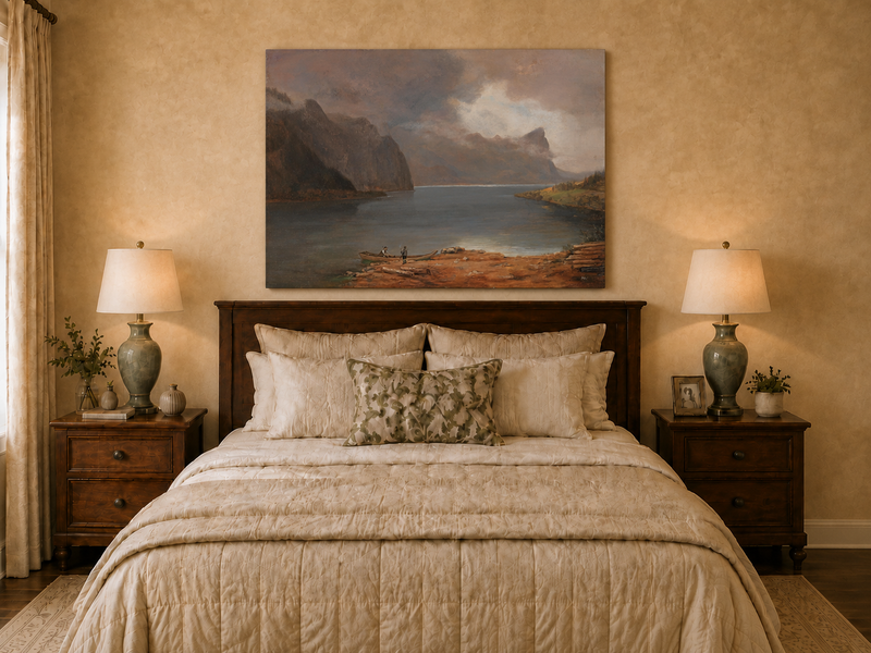 Landscape Oil Painting - Mountain Lake Steep Cliffs Boat