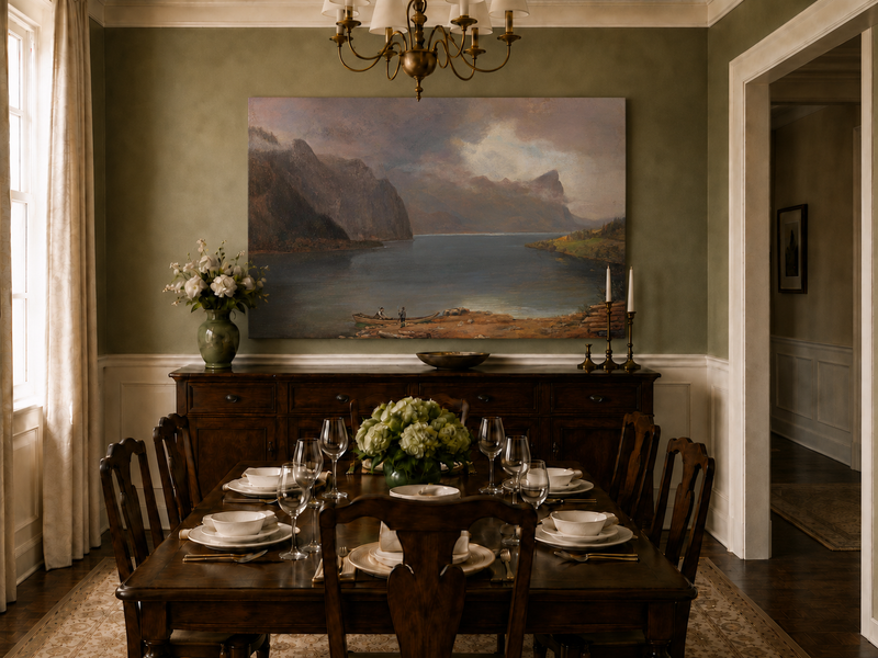Landscape Oil Painting - Mountain Lake Steep Cliffs Boat