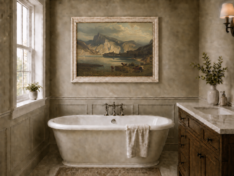 Landscape Oil Painting - Mountain Lake Grazing Cattle & Distant