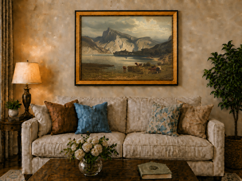 Landscape Oil Painting - Mountain Lake Grazing Cattle & Distant