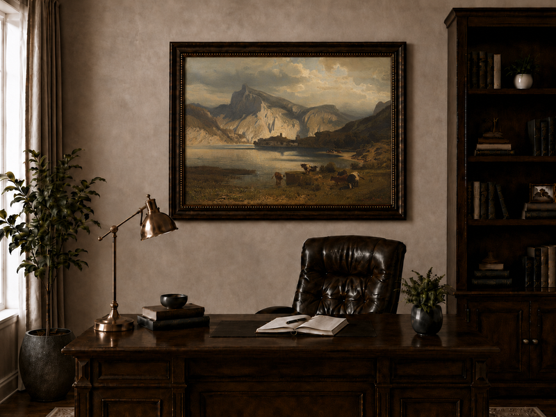 Landscape Oil Painting - Mountain Lake Grazing Cattle & Distant