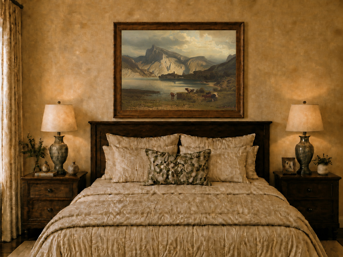 Landscape Oil Painting - Mountain Lake Grazing Cattle & Distant