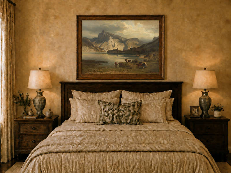Landscape Oil Painting - Mountain Lake Grazing Cattle & Distant