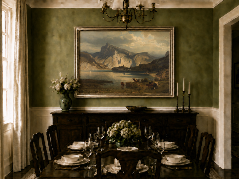 Landscape Oil Painting - Mountain Lake Grazing Cattle & Distant