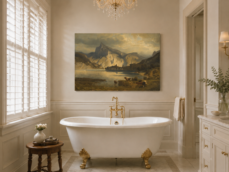 Landscape Oil Painting - Mountain Lake Grazing Cattle & Distant