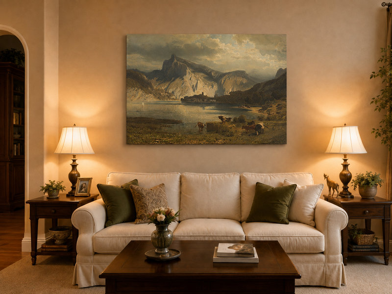Landscape Oil Painting - Mountain Lake Grazing Cattle & Distant