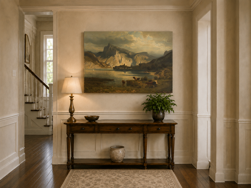 Landscape Oil Painting - Mountain Lake Grazing Cattle & Distant