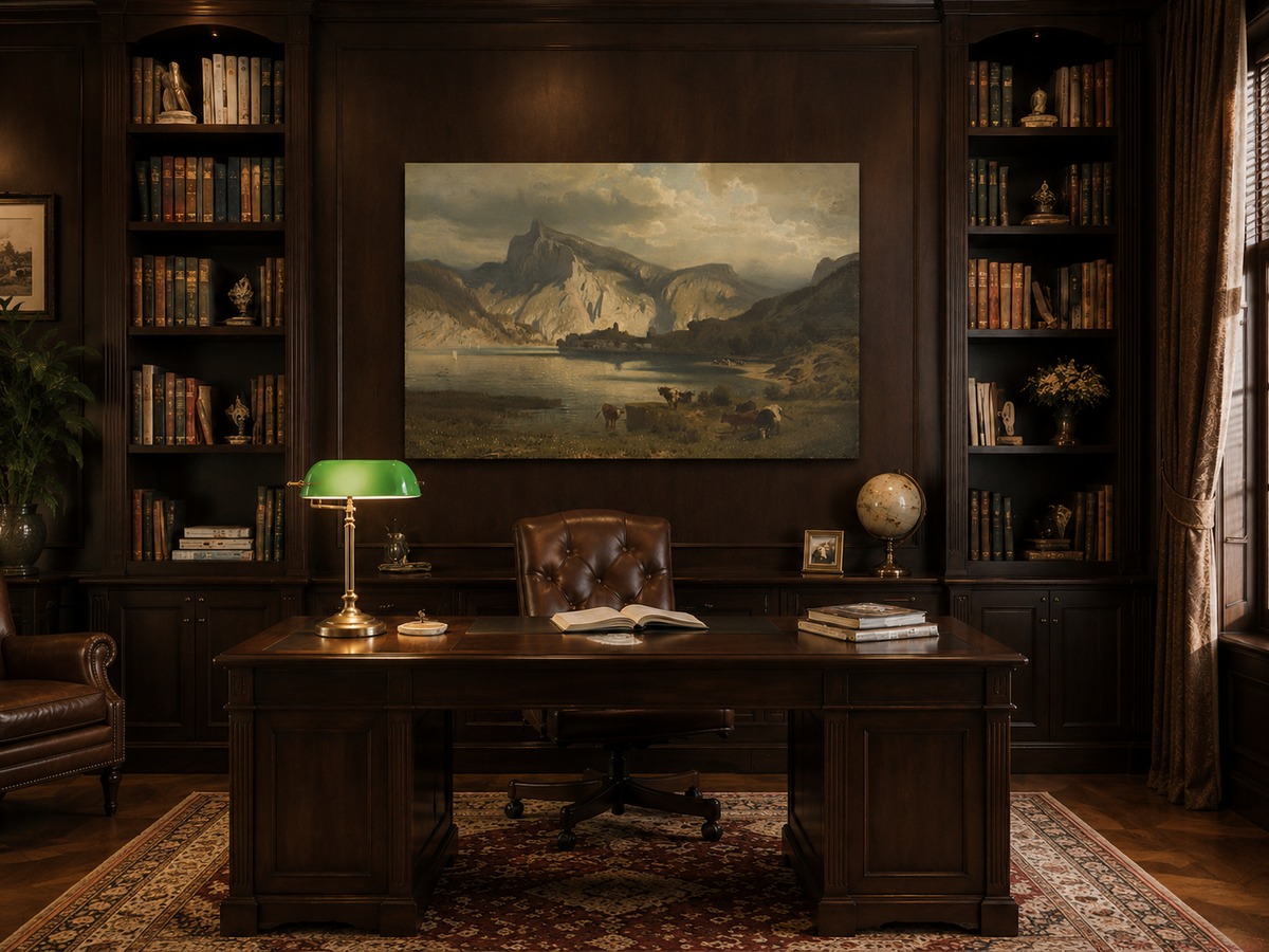 Landscape Oil Painting - Mountain Lake Grazing Cattle & Distant