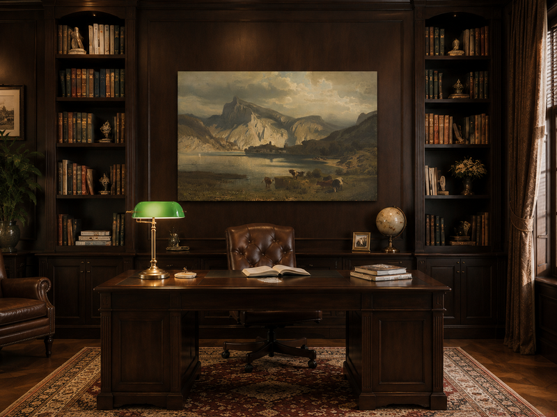 Landscape Oil Painting - Mountain Lake Grazing Cattle & Distant