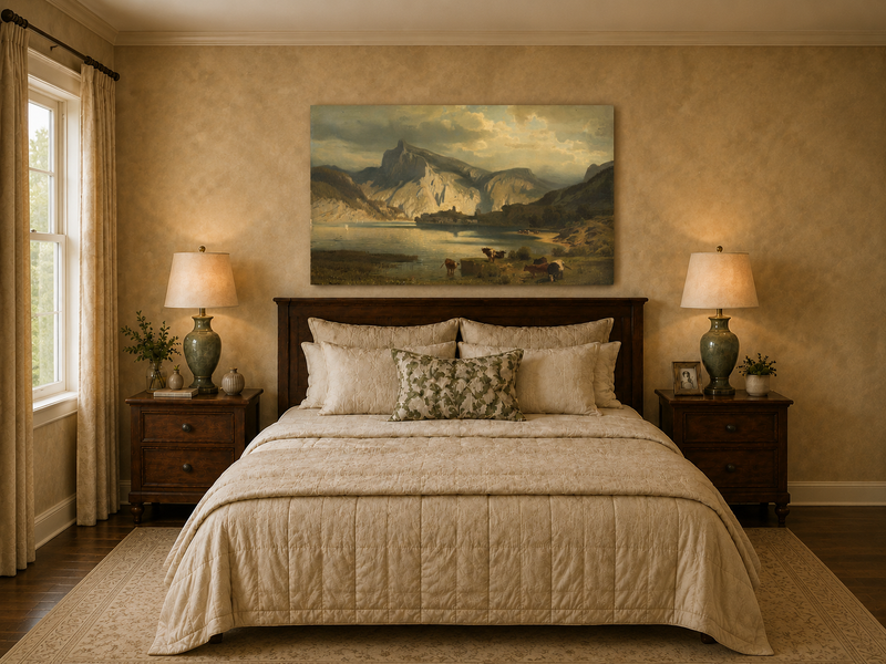 Landscape Oil Painting - Mountain Lake Grazing Cattle & Distant