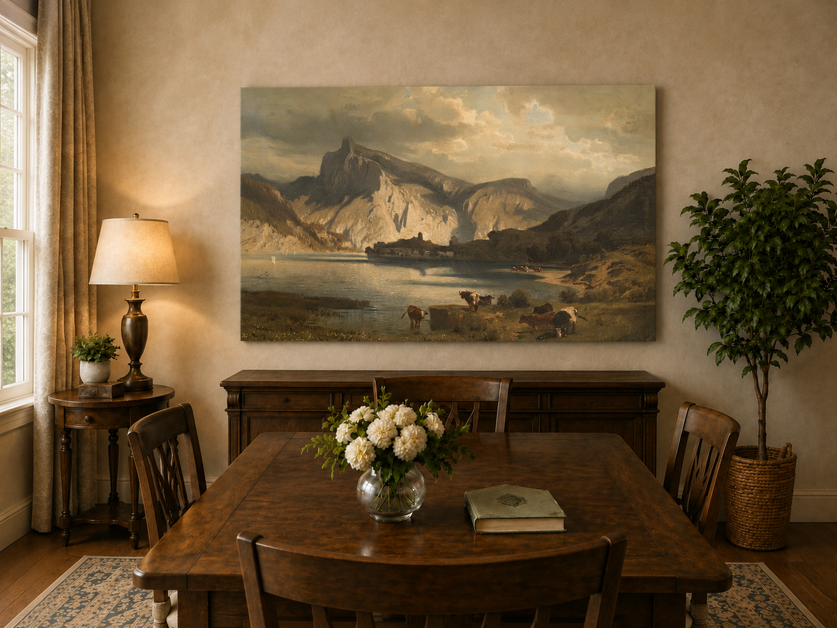 Landscape Oil Painting - Mountain Lake Grazing Cattle & Distant